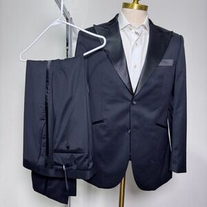 Indochino Tuxedo Suit Mens 38R 34x30 Black Solid Peak Lapel Wool Formal A22
